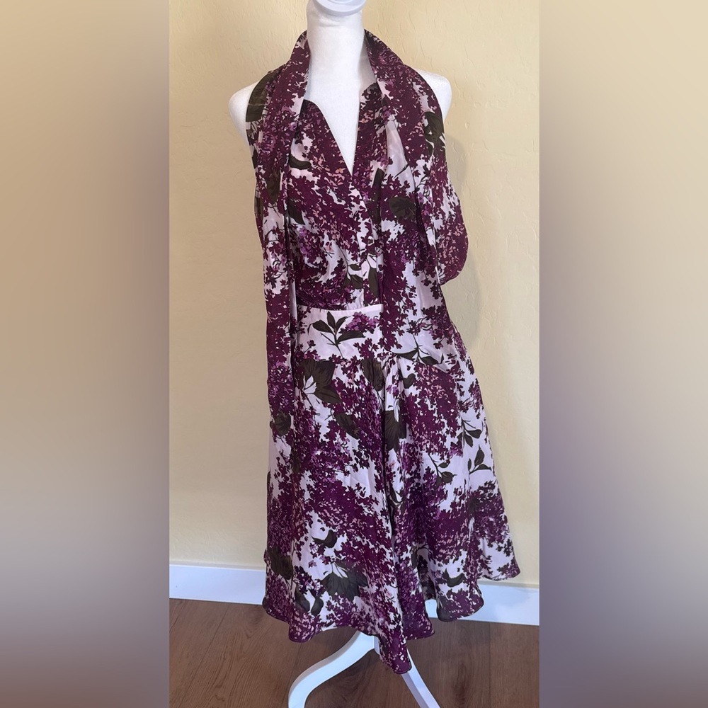 Bryan Bradley Purple Floral Print 100% Silk‎ Sleeveless Dress Fit & Flare SZ S